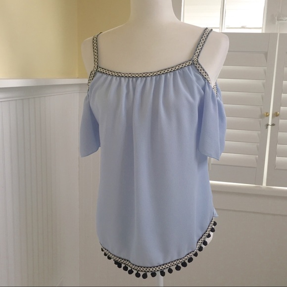 Papaya Tops - Papaya Light Blue Pom Pom Trim Cold-Shoulder Top